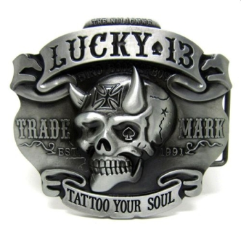 Tattoo skull Lucky 13 duża klamra stare srebro (id: 2564)